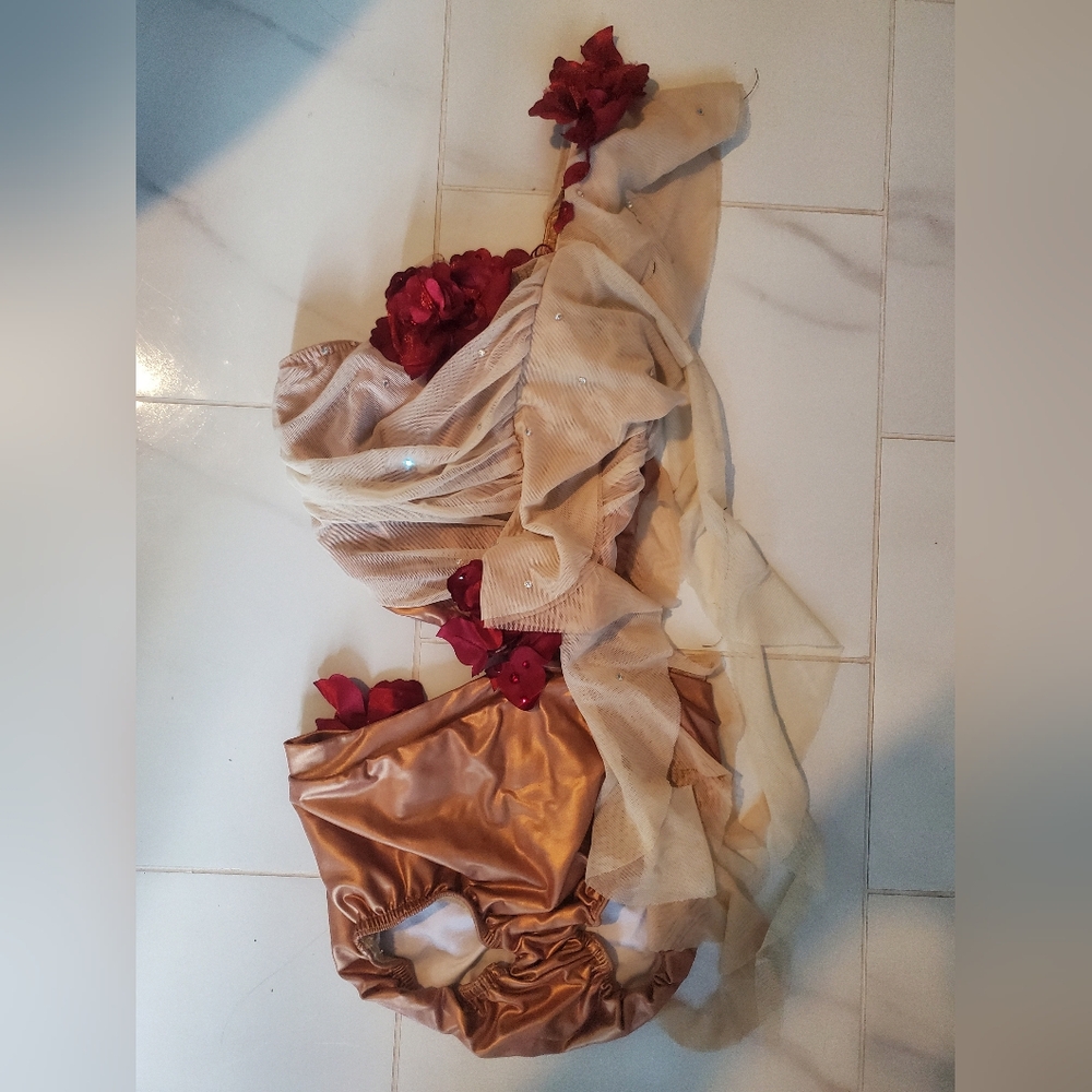 Elegant Beige Leotard w/ Red Flowers & Swarovski Accents Greek Goddess Costume
